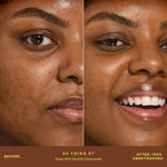 A person's face before and after applying SunnyDays™ Tinted SPF 30 in the shade 60 Third St, revealing sheer, buildable coverage that visibly evens skin tone and softens discoloration while maintaining a natural, skin-like finish. [60 Third St]