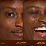 A person's face before and after applying SunnyDays™ Tinted SPF 30 in the shade 65 Topanga, revealing sheer, buildable coverage that visibly evens skin tone and softens discoloration while maintaining a natural, skin-like finish. [65 Topanga]