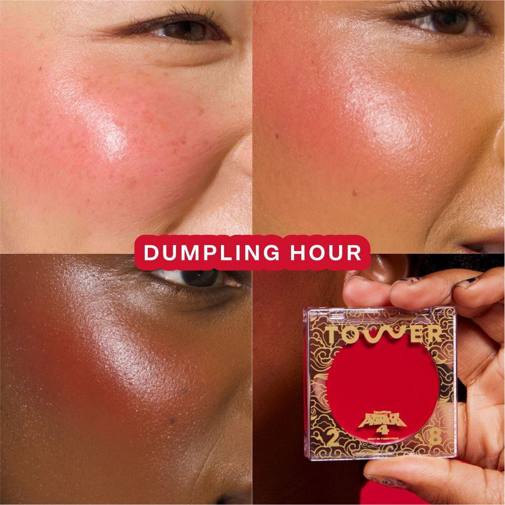 [Shared: Three models wearing the Tower 28 Beauty x Kung Fu Panda 4 limited edition BeachPlease Cream Blush in Dumpling Hour on their cheeks. It features one full size ShineOn Lip Jelly in Magic and one full size BeachPlease Cream Blush in Dumpling Hour.