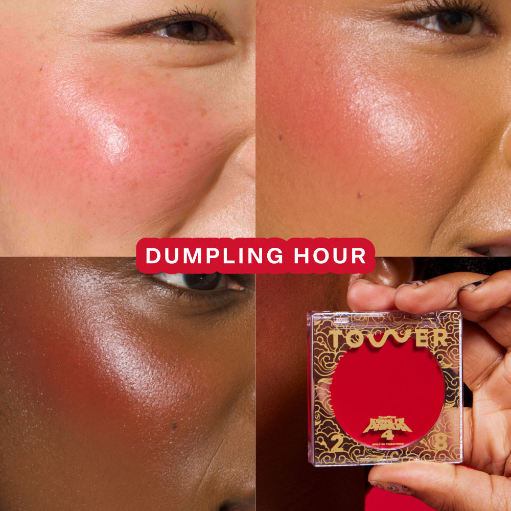 Shared: Three models wearing the Tower 28 Beauty x Kung Fu Panda 4 limited edition BeachPlease Cream Blush in Dumpling Hour on their cheeks. It features one full size ShineOn Lip Jelly in Magic and one full size BeachPlease Cream Blush in Dumpling Hour.