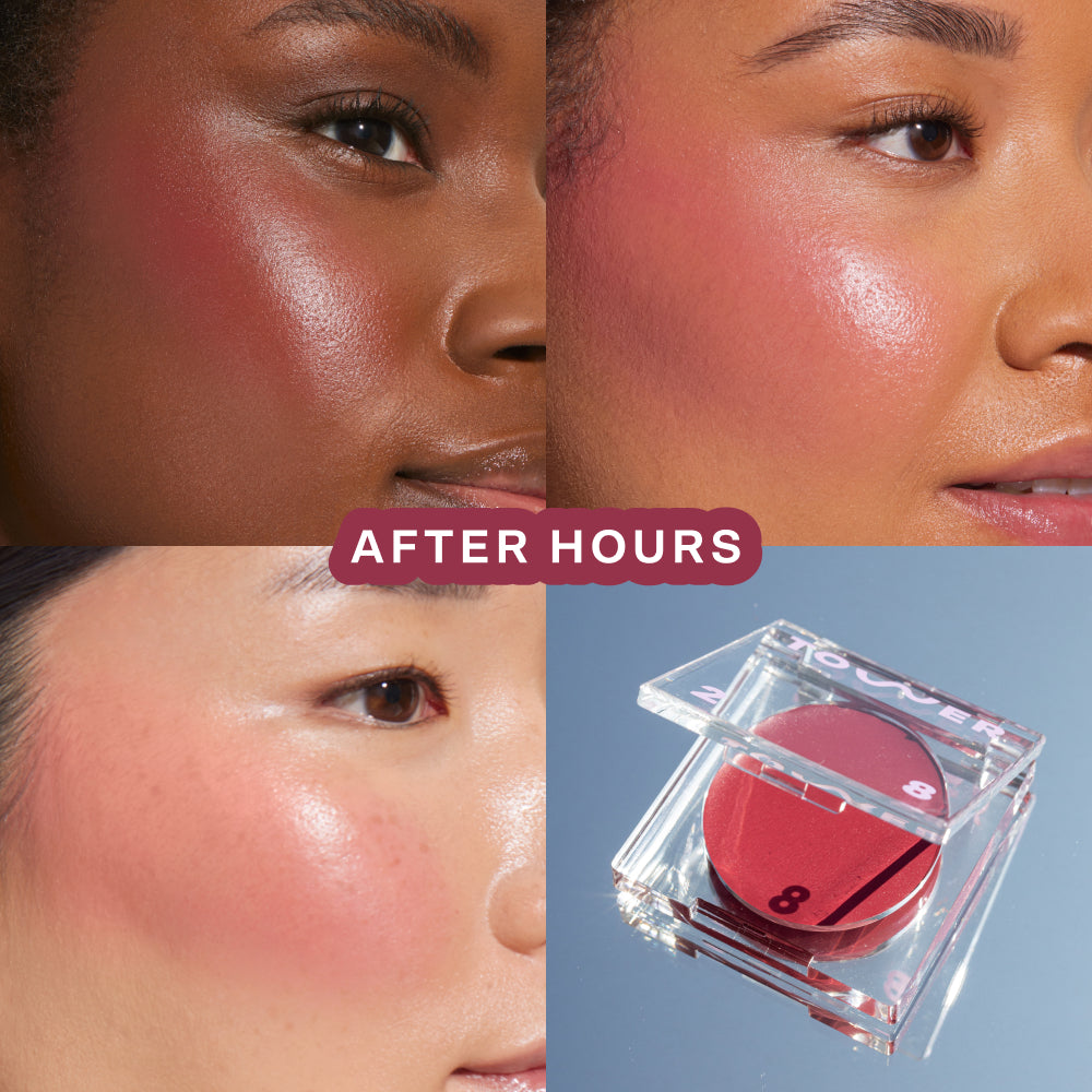 A quad showing Tower 28 Beauty BeachPlease Cream Blush in After Hours on three different models with light, medium, and deep skin tones.