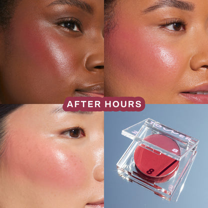 After Hours [A quad showing Tower 28 Beauty BeachPlease Cream Blush in After Hours on three different models with light, medium, and deep skin tones.]