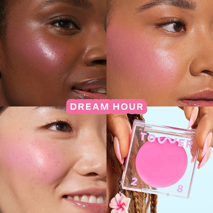 Dream Hour [A quad showing Tower 28 Beauty BeachPlease Cream Blush in Dream Hour on three different models with light, medium, and deep skin tones.]