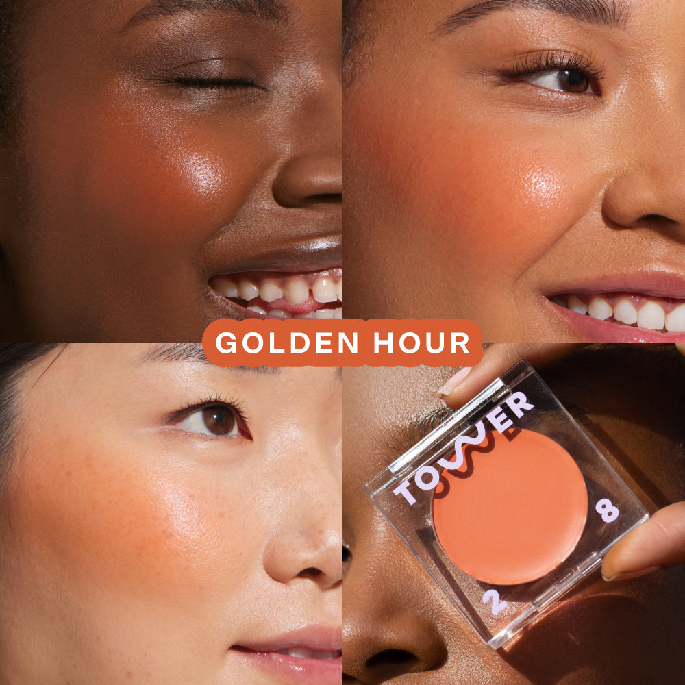A quad showing Tower 28 Beauty BeachPlease Cream Blush in Golden Hour on three different models with light, medium, and deep skin tones.