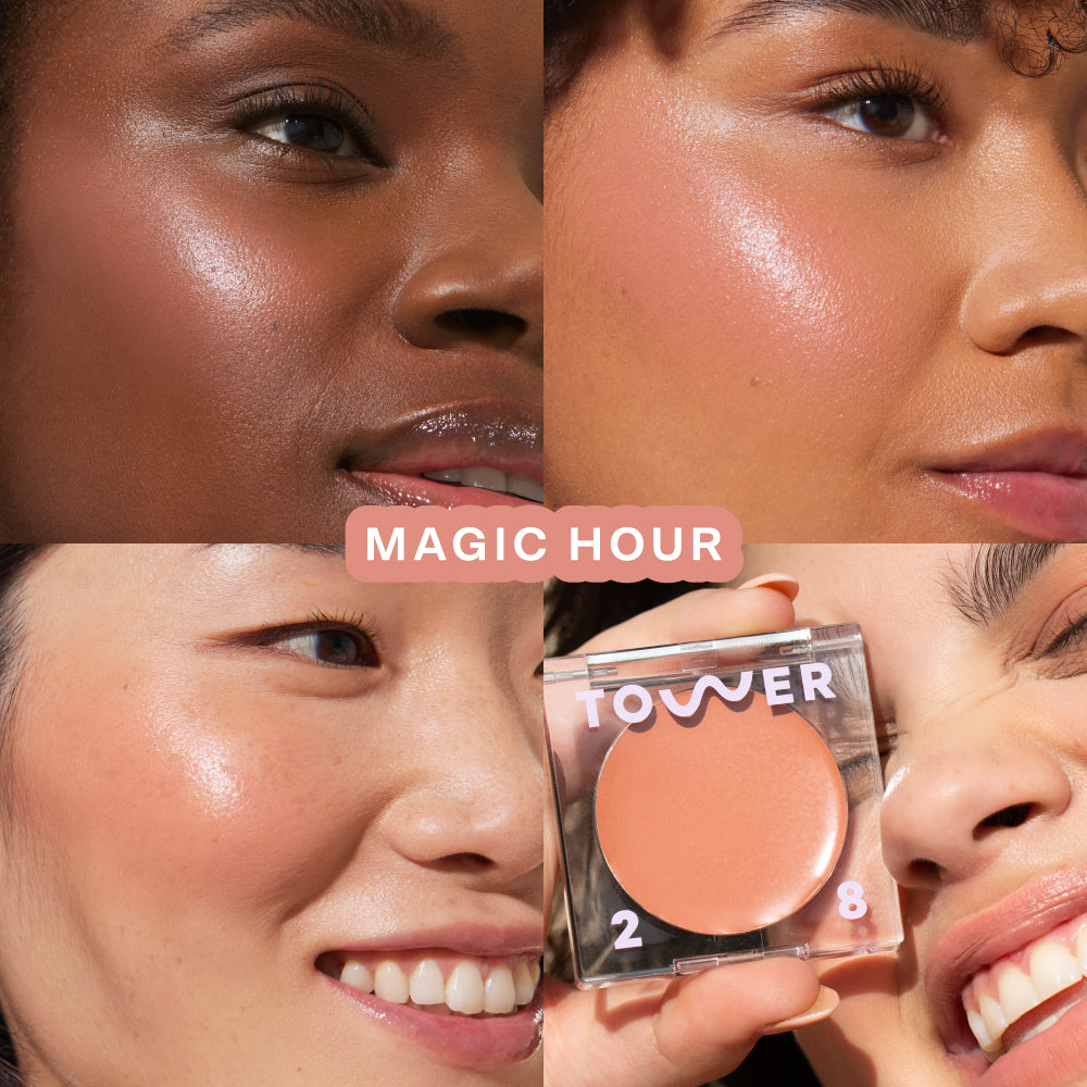 A quad showing Tower 28 Beauty BeachPlease Cream Blush in Magic Hour on three different models with light, medium, and deep skin tones.