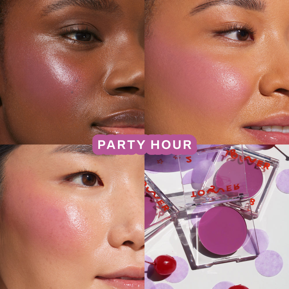 A quad showing Tower 28 Beauty BeachPlease Cream Blush in Party Hour on three different models with light, medium, and deep skin tones.