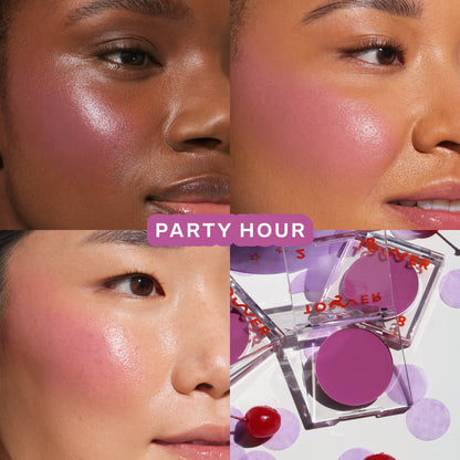 Party Hour [A quad showing Tower 28 Beauty BeachPlease Cream Blush in Party Hour on three different models with light, medium, and deep skin tones.]