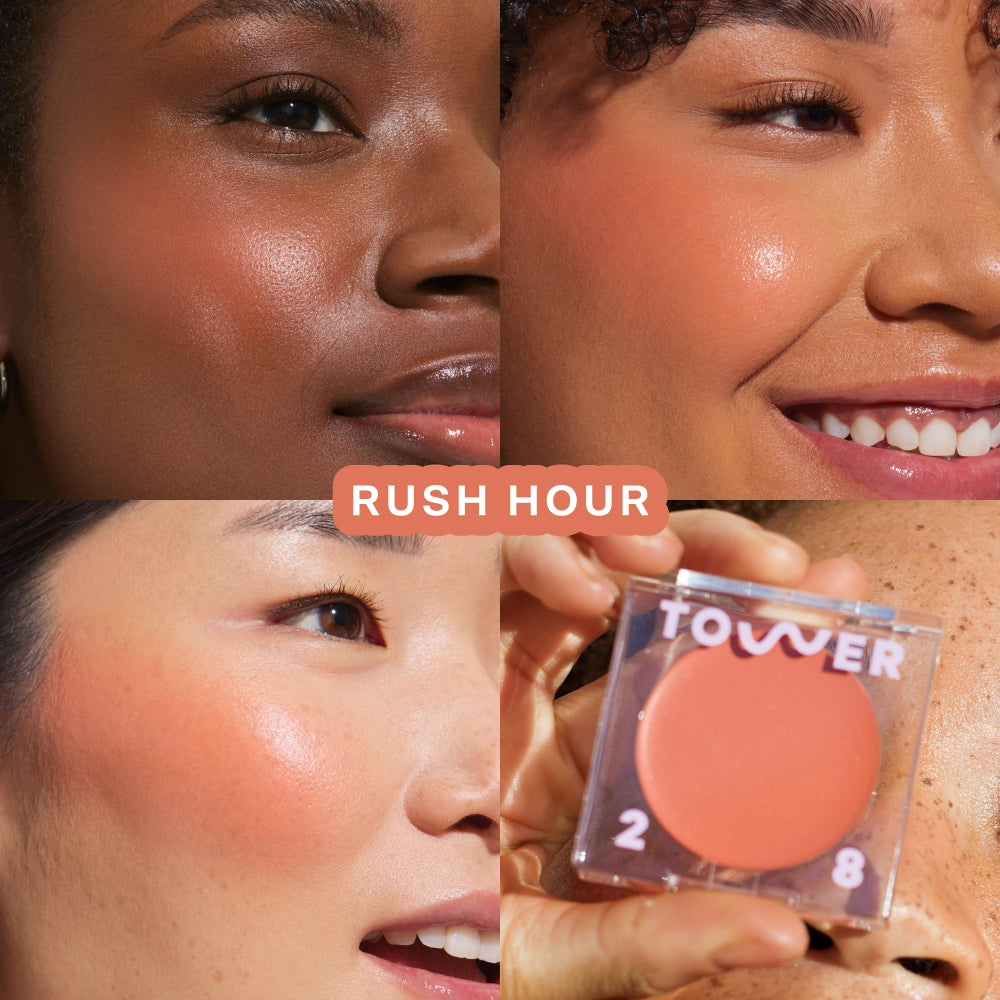 A quad showing Tower 28 Beauty BeachPlease Cream Blush in Rush Hour on three different models with light, medium, and deep skin tones.