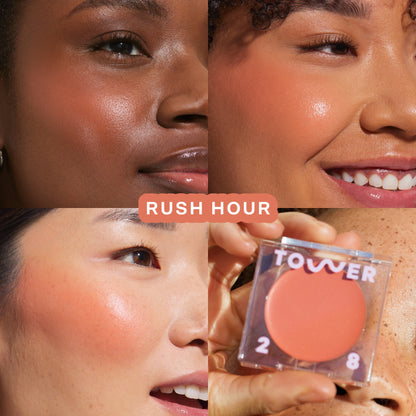 Rush Hour [A quad showing Tower 28 Beauty BeachPlease Cream Blush in Rush Hour on three different models with light, medium, and deep skin tones.]