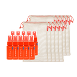 Set of orange spray bottles with a mesh bag on a white background [Shared]