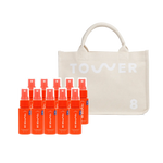 Set of red spray bottles with a beige tote bag featuring 'TOWVER' branding on a white background. [Shared]