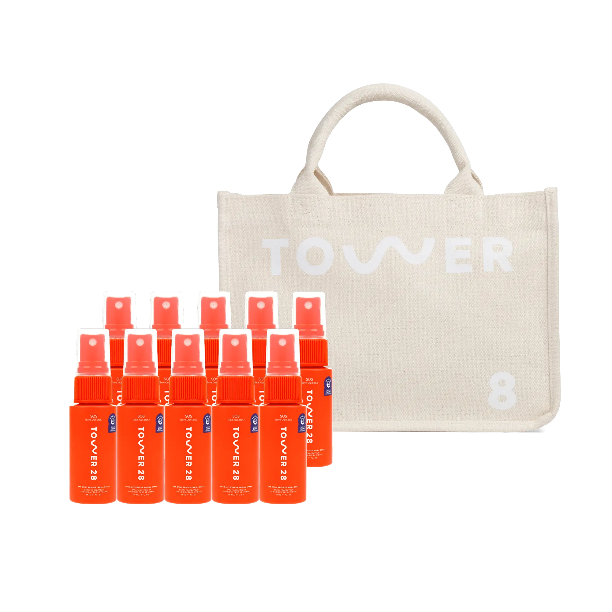 Set of red spray bottles with a beige tote bag featuring 'TOWVER' branding on a white background. [Shared]