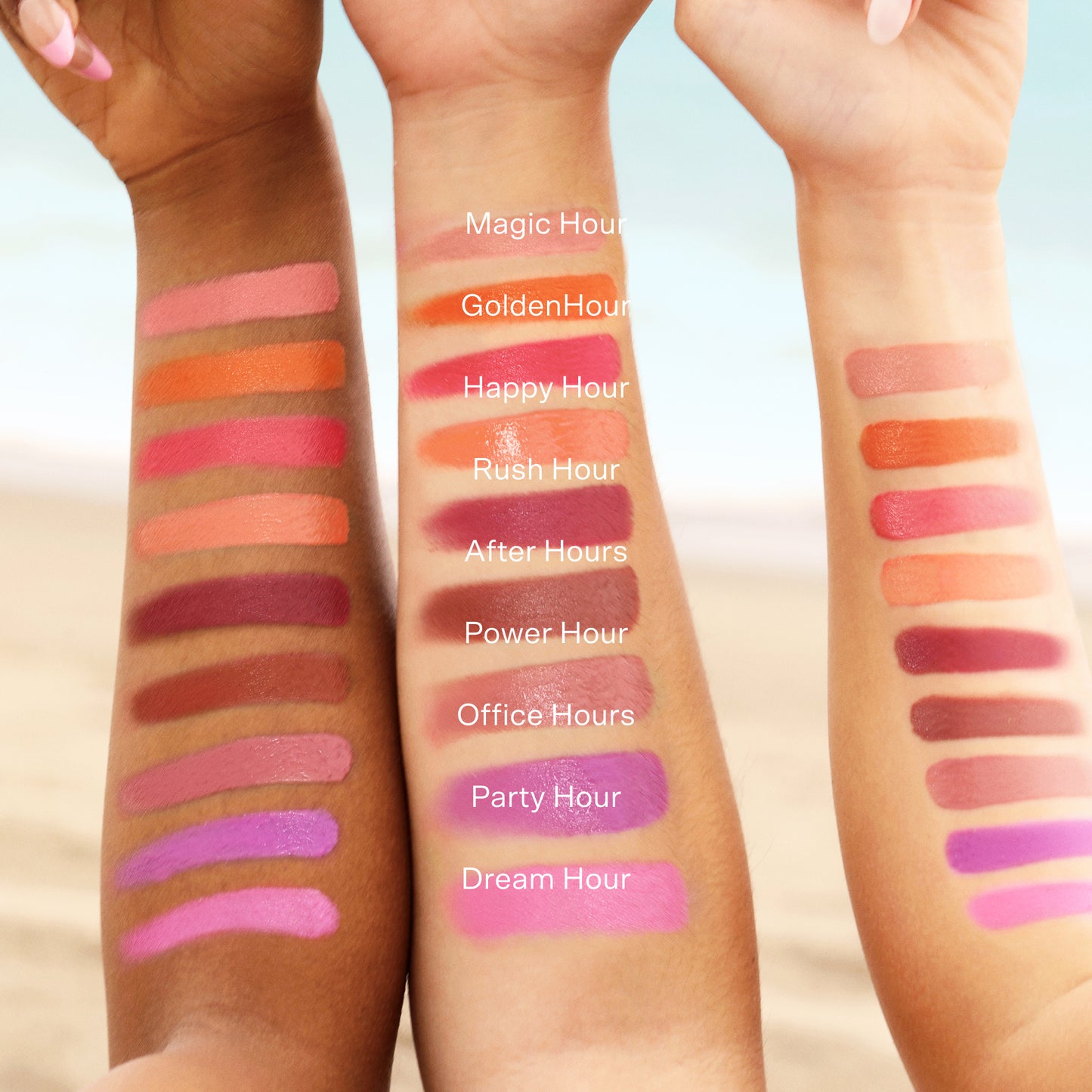 [Shared: Tower 28 Beauty BeachPlease Cream Blush shades swatched on three varying skin tones]
