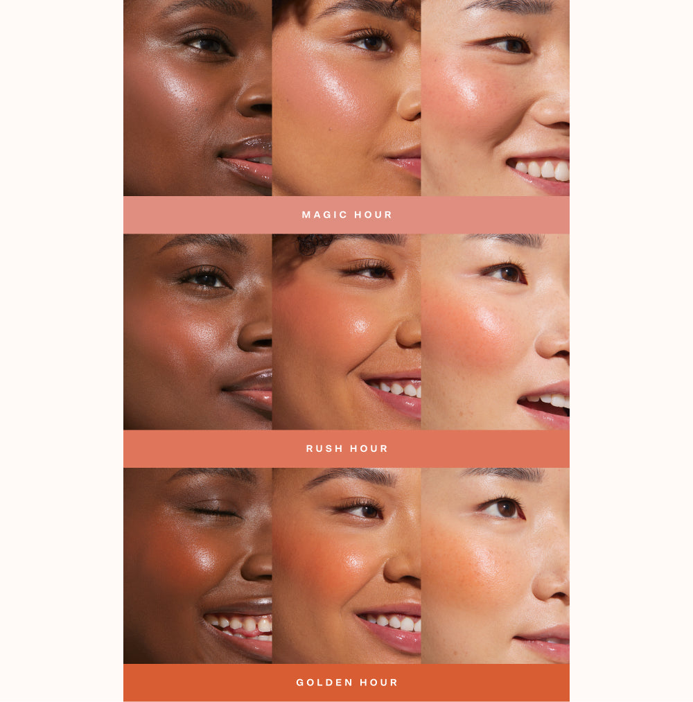 [A collage showing each of Tower 28 Beauty BeachPlease Cream Blush in Magic Hour, Rush Hour, and Golden Hour on three different models with light, medium, and deep skin tones.]