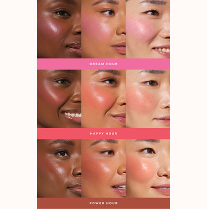 [A collage showing each of Tower 28 Beauty BeachPlease Cream Blush in Dream Hour, Happy Hour, and Power Hour on three different models with light, medium, and deep skin tones.]