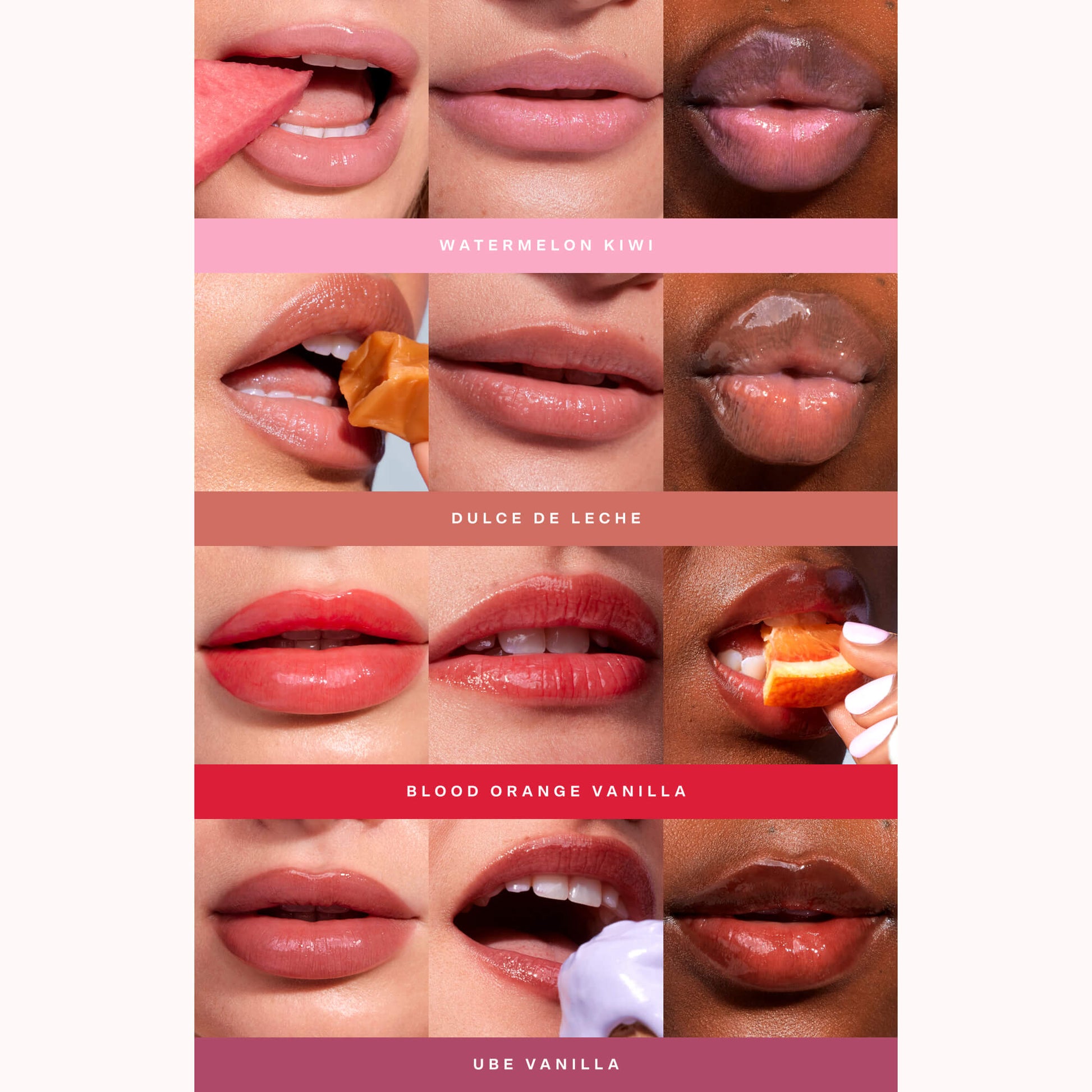 [Shared: Tinted shades of the Tower 28 Beauty LipSoftie™ Lip Treatment applied on three different skin tones