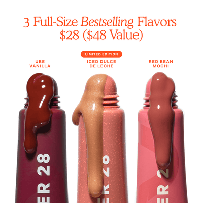 Three lip products with different flavors on a white background [LipSoftie™ Lip Treatment Trio]