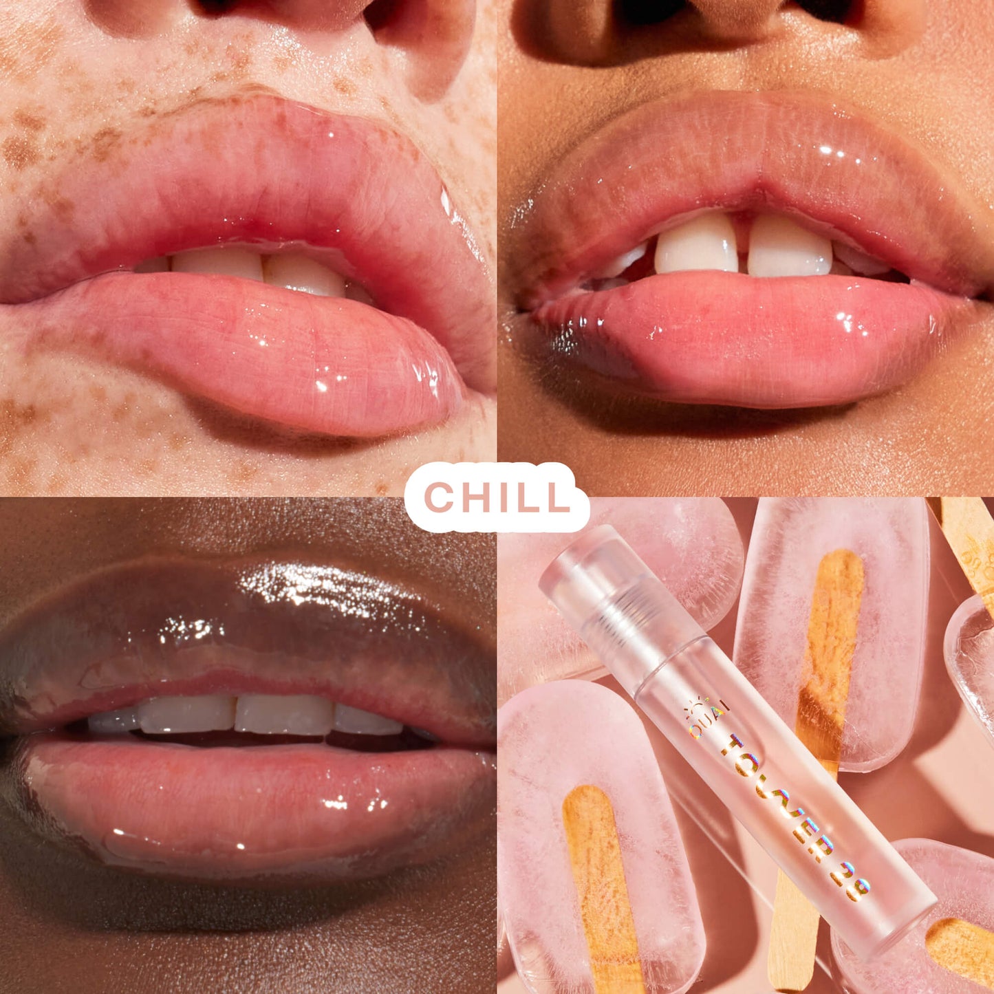 [Tower 28 x OUAI ShineOn in Chill In St. Barts applied on three different skin tones]
