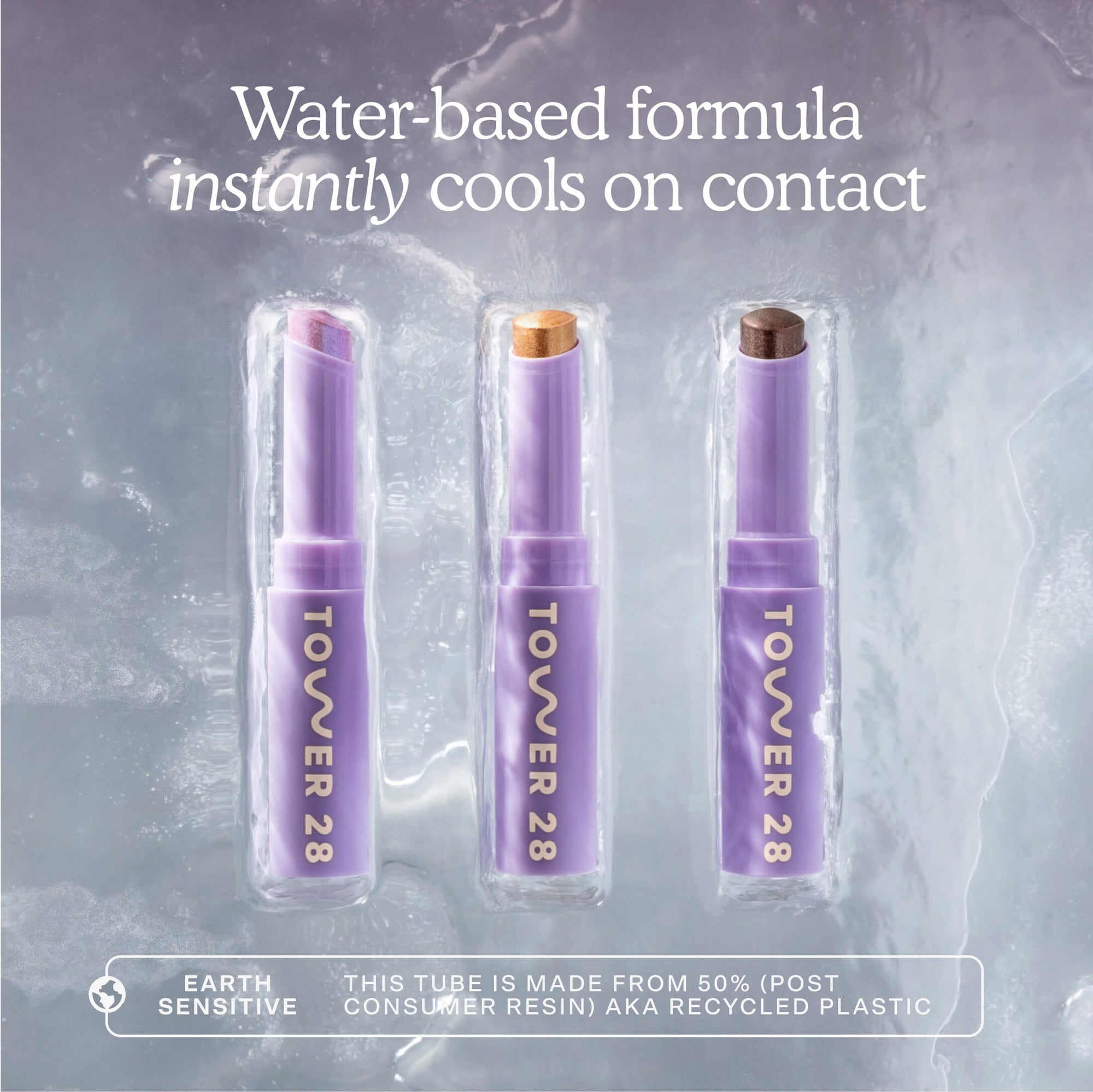 Three Tower 28 lip products on a textured gray background with cooling effect text. [Shared]