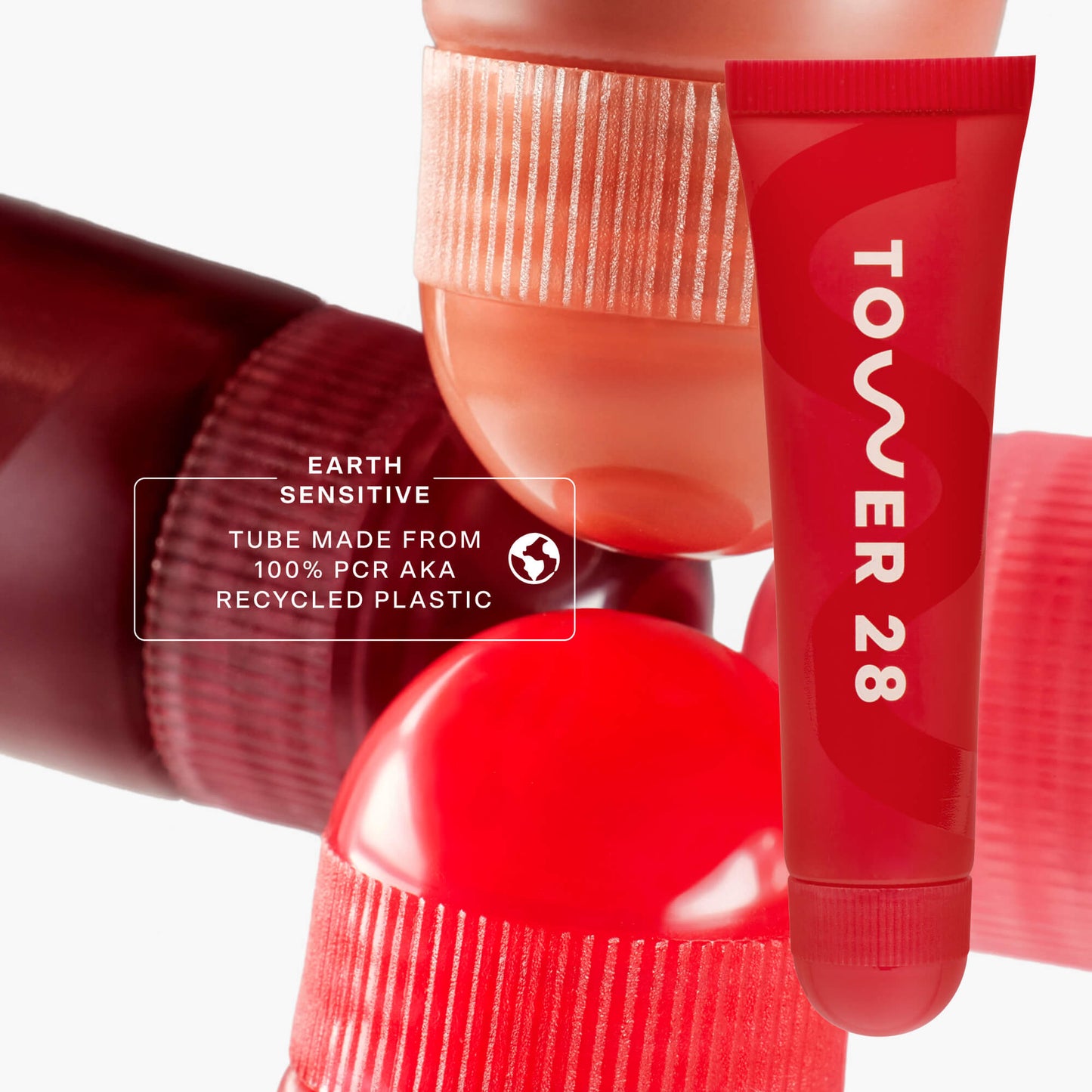 [Tower 28 Beauty LipSoftie™ Lip Treatment in Blood Orange Vanilla has 100% recycled plastic packaging.]