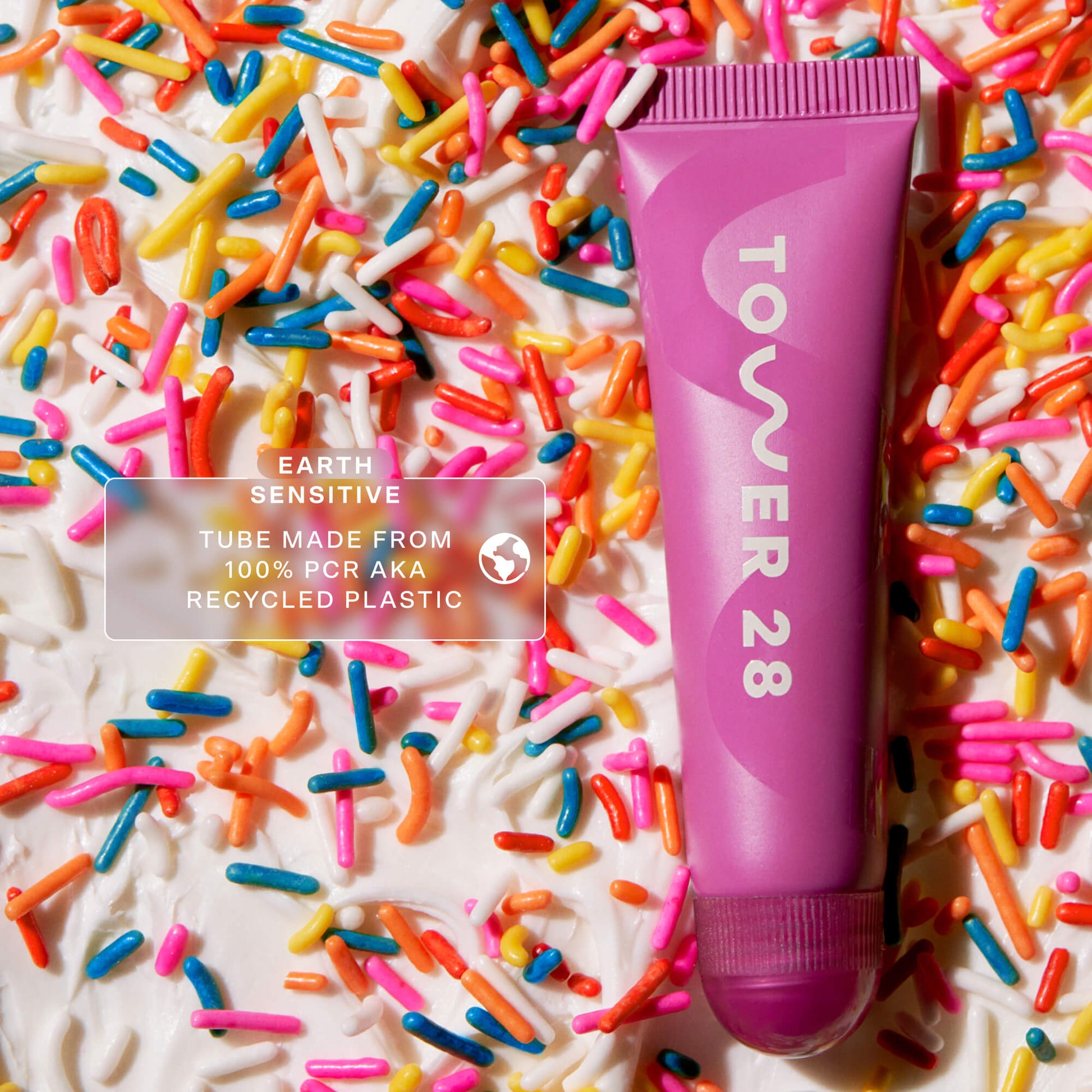 [Tower 28 Beauty LipSoftie™ Lip Treatment in Confetti Cake has 100% recycled plastic packaging.