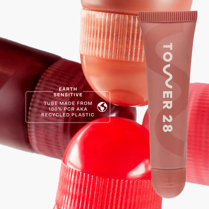[Tower 28 Beauty LipSoftie™ Lip Treatment in Ducle de Leche has 100% recycled plastic packaging.]