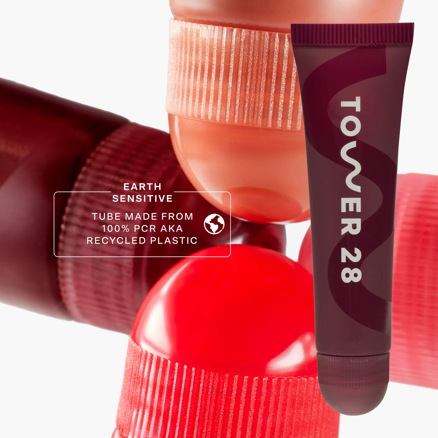 [Tower 28 Beauty LipSoftie™ Lip Treatment in Ube Vanilla has 100% recycled plastic packaging.]