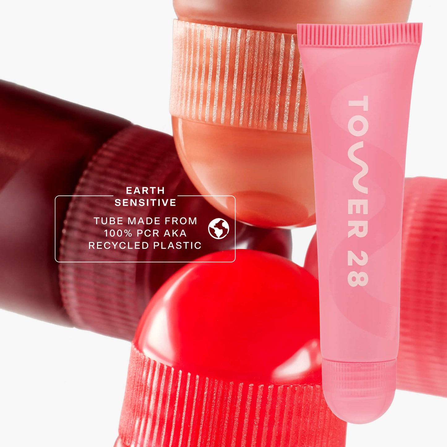 [Tower 28 Beauty LipSoftie™ Lip Treatment in Watermelon Kiwi has 100% recycled plastic packaging.]