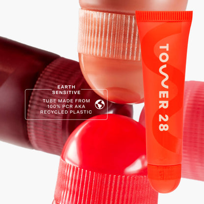 [Tower 28 Beauty LipSoftie™ Lip Treatment in SOS Vanilla has 100% recycled plastic packaging.]