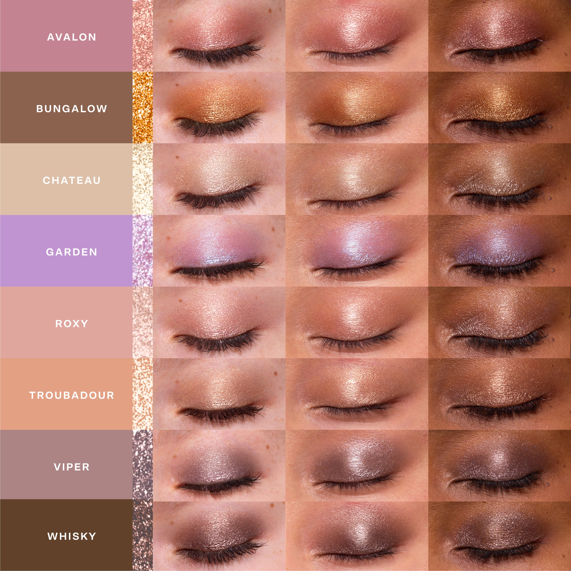 Eyeshadow swatches in various colors with labeled names on a grid. [Viper, Troubadour, Bungalow, Chateau, Roxy, Garden, Studio 28, Avalon, Whisky]
