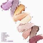 Color swatches of eyeshadows with names on a white background [Viper, Troubadour, Bungalow, Chateau, Roxy, Garden, Studio 28, Avalon, Whisky]