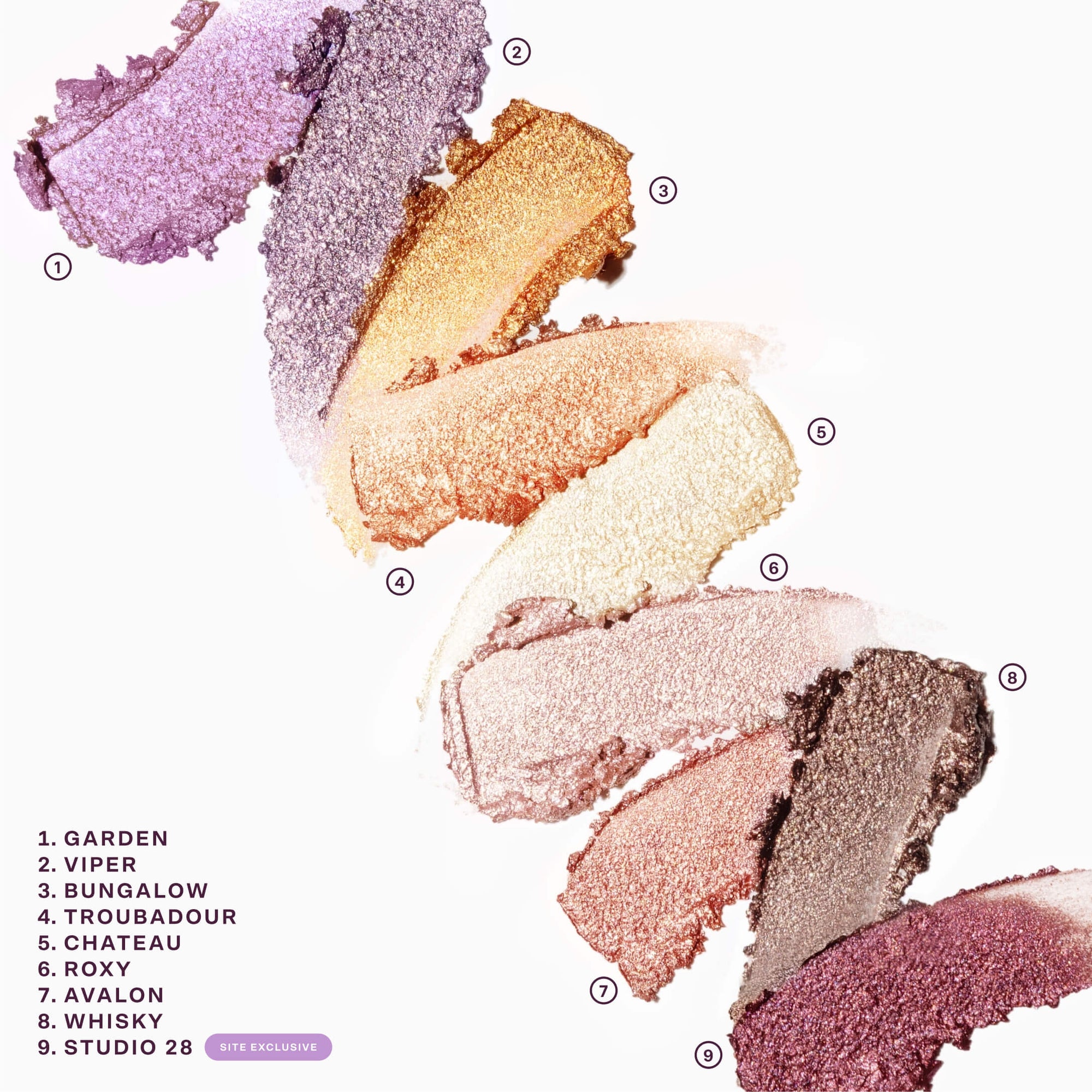 Color swatches of eyeshadows with names on a white background [Viper, Troubadour, Bungalow, Chateau, Roxy, Garden, Studio 28, Avalon, Whisky]