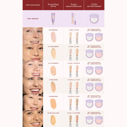 [Shared: The Complexion Trio features SunnyDays Tinted SPF 30, Swipe Serum Concealer, GetSet Pressed Powder, the GetSet Powder Puff Duo, and a limited edition tin.]