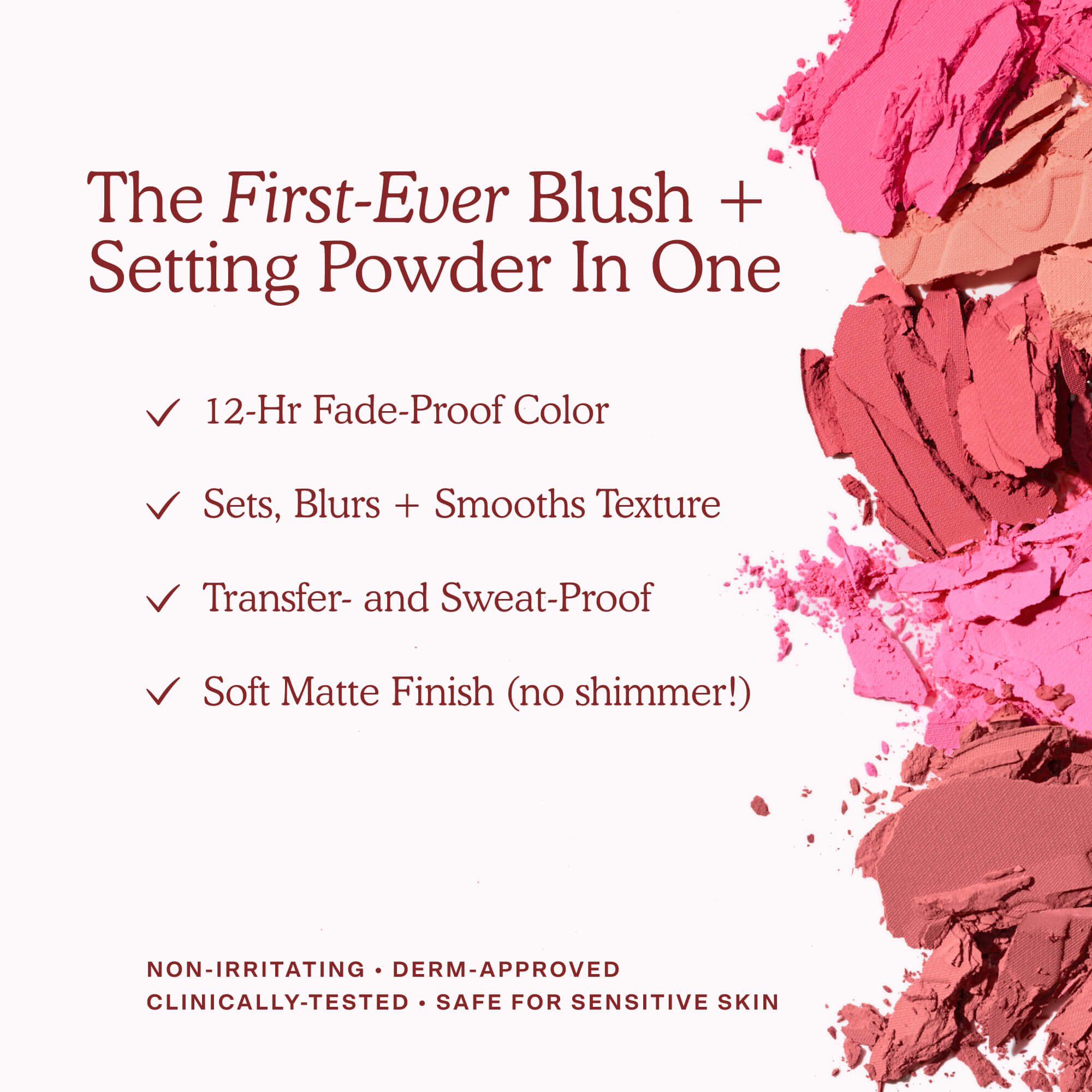 Crushed blush powders in various shades are shown beside text highlighting Tower 28 Beauty’s GetSet Powder Blush as the first-ever blush and setting powder in one. Key features include 12-hour fade-proof color, a soft matte finish, and transfer- and sweat-proof wear. [Shared]