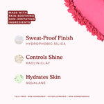 A swatch of Tower 28 Beauty’s GetSet Powder Blush in the shade Feliz Fresca is shown alongside ingredient highlights: hydrophobic silica for a sweat-proof finish, kaolin clay to control shine, and squalane to hydrate skin. The formula is talc-free, non-acnegenic, hypoallergenic, and non-comedogenic. [Feliz Fresca]