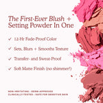 Promotional image of blush and setting powder with product features listed. [Shared]