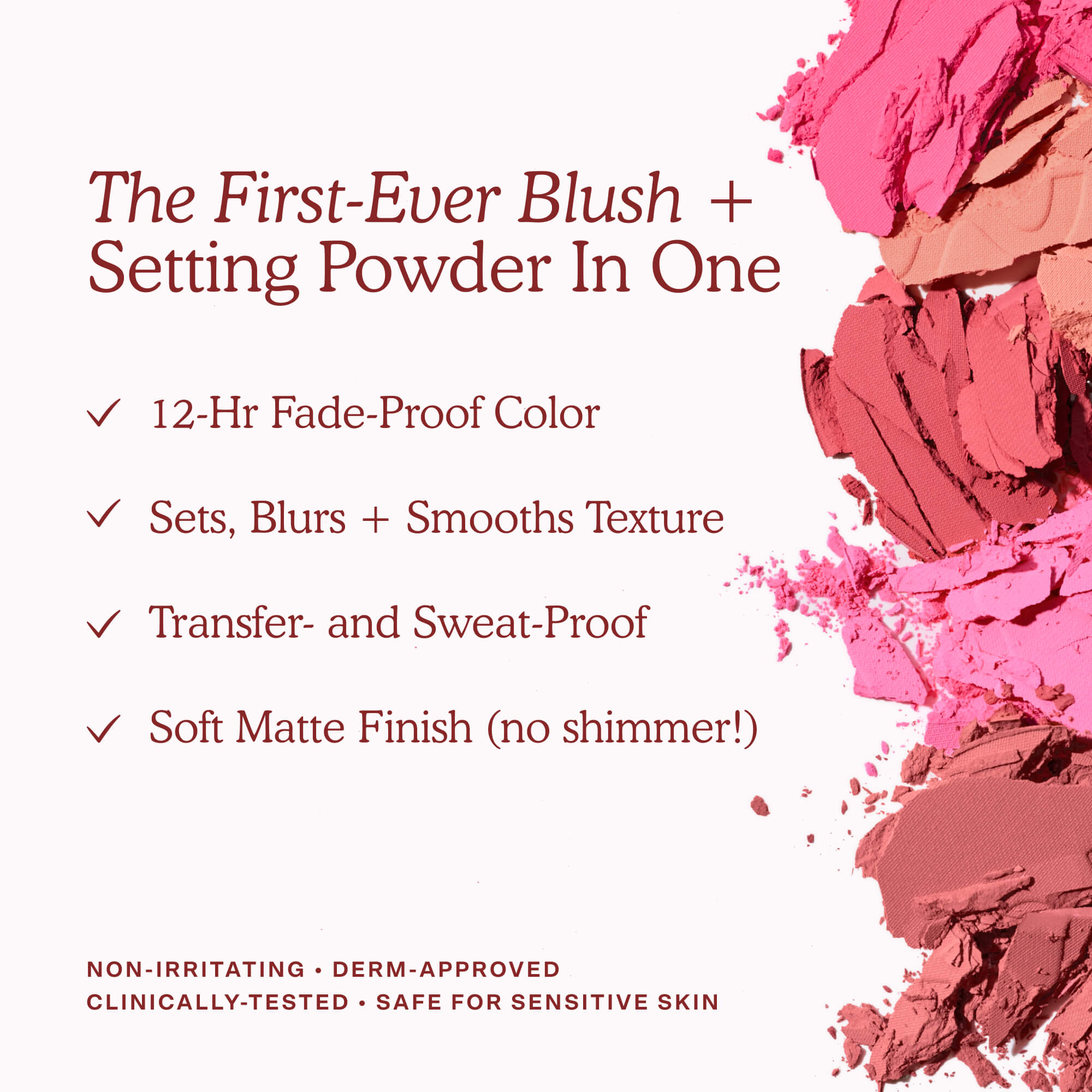 Promotional image of blush and setting powder with product features listed. [Shared]