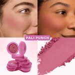 Various shots of Tower 28 Beauty’s GetSet Powder Blush in the shade Pali Punch are shown, including swatches on different skin tones, open compacts, and a crushed lavender pigment. [Pali Punch]