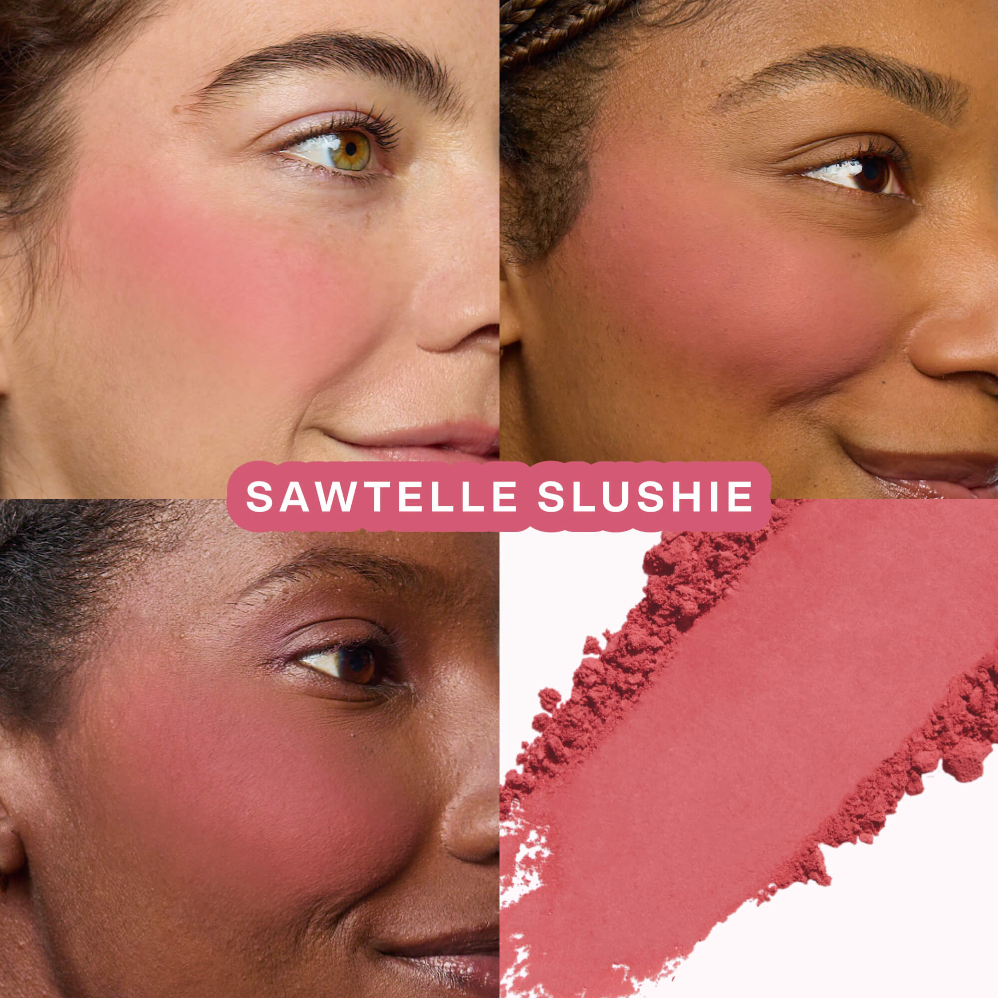 Various shots of Tower 28 Beauty’s GetSet Powder Blush in the shade Sawtelle Slushie are shown, including swatches on different skin tones, open compacts, and a crushed rose pigment. [Sawtelle Slushie]