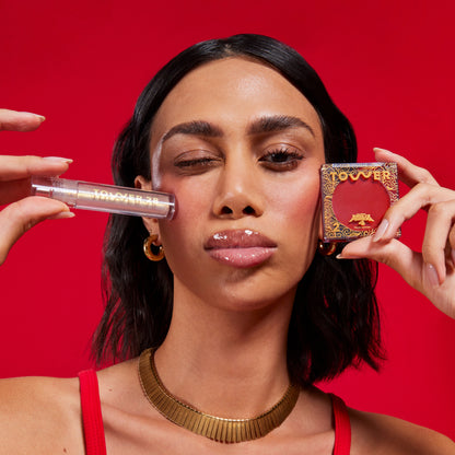 [Shared: Model holding the Tower 28 Beauty x Kung Fu Panda 4 limited edition collaboration: Lip + Cheek Duo. It features one full size ShineOn Lip Jelly in Magic and one full size BeachPlease Cream Blush in Dumpling Hour.]