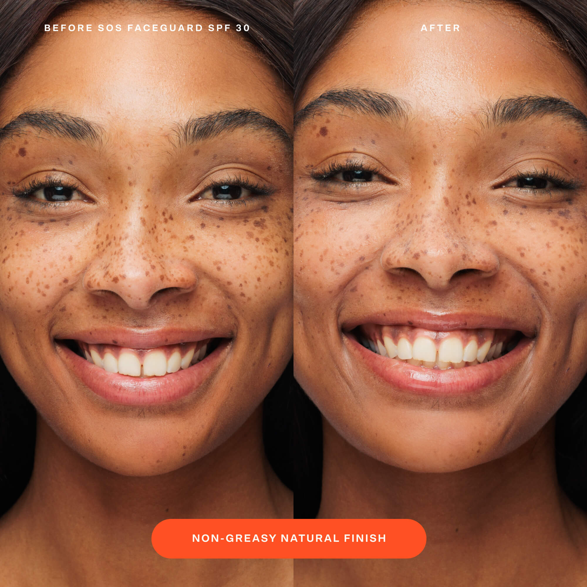 Before and after comparison of a person’s face shows the visible results of applying Tower 28 Beauty’s SOS FaceGuard SPF 30, highlighting a non-greasy, natural finish and more even-looking skin.  [Shared: SOS FaceGuard SPF 30]
