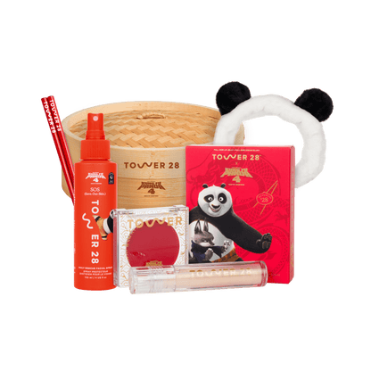 [Shared: Limited edition Tower 28 Beauty x Kung Fu Panda 4 Gift Set that features the Lip + Cheek Set, a limited edition SOS Spray, a plush panda headband, Tower 28 chopsticks, and a dumpling steamer.]