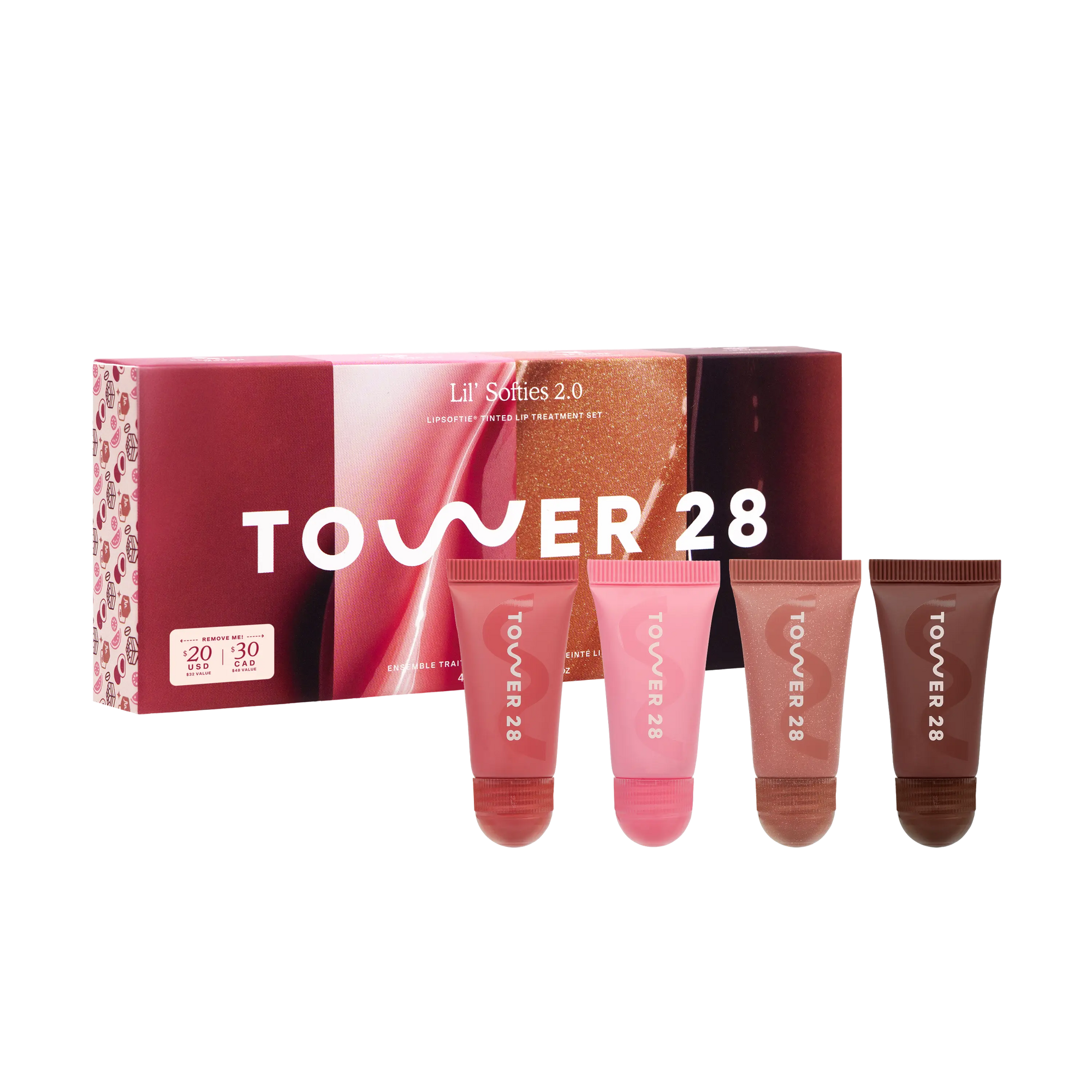 Tower 28 skincare treatment set with four tubes and a box on a white background [Shared] 