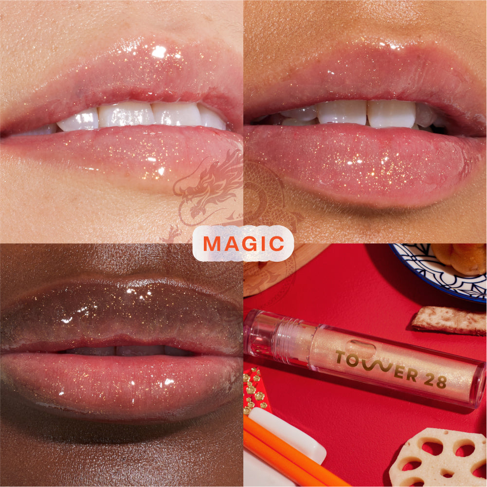 [Shared: Three models wearing the Tower 28 Beauty x Kung Fu Panda 4 limited edition BeachPlease Cream Blush in Dumpling Hour on their cheeks.] It features one full size ShineOn Lip Jelly in Magic and one full size ShineOn Lip Jelly in Magic.]
