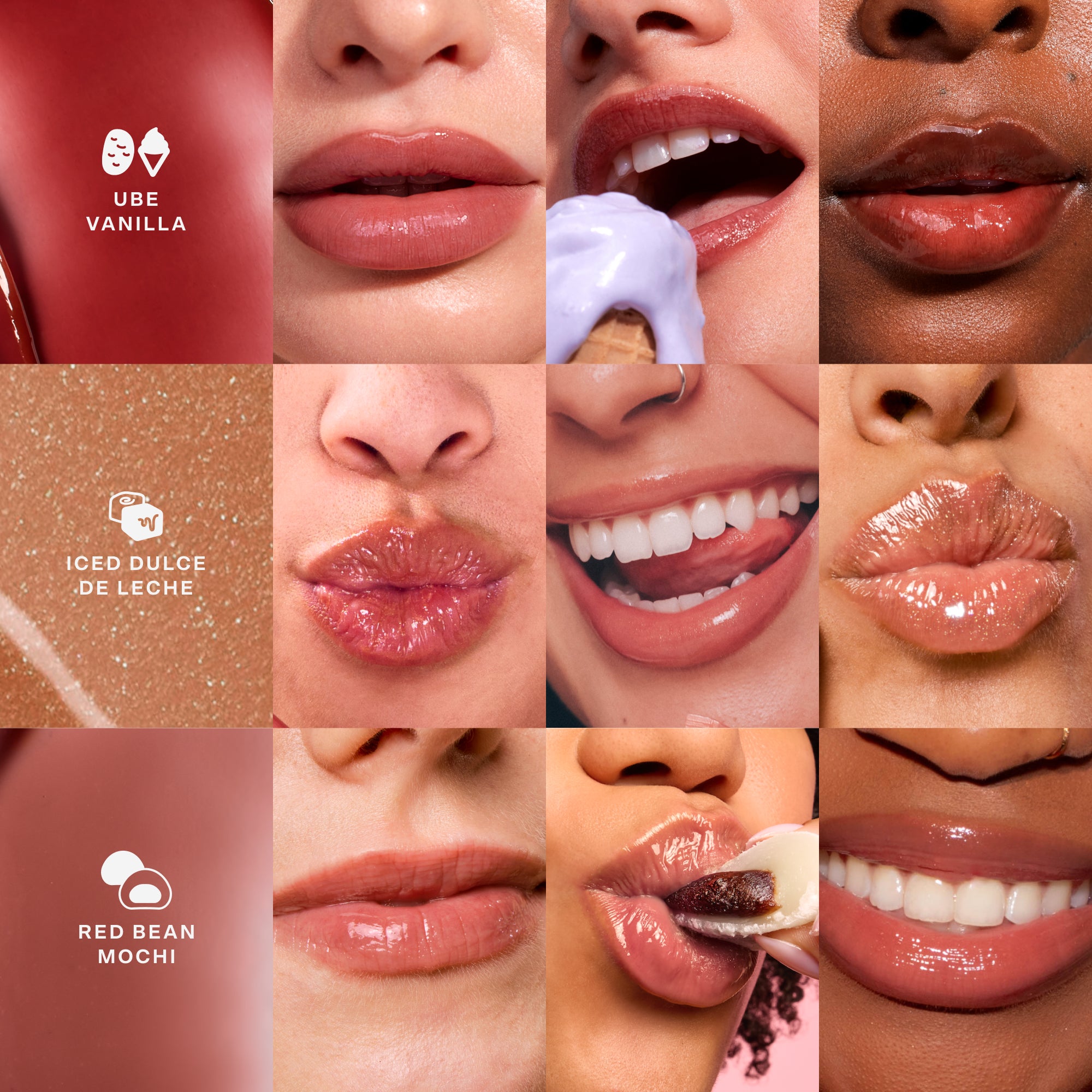 Collage of lips with different shades and textures [LipSoftie™ Lip Treatment Trio]