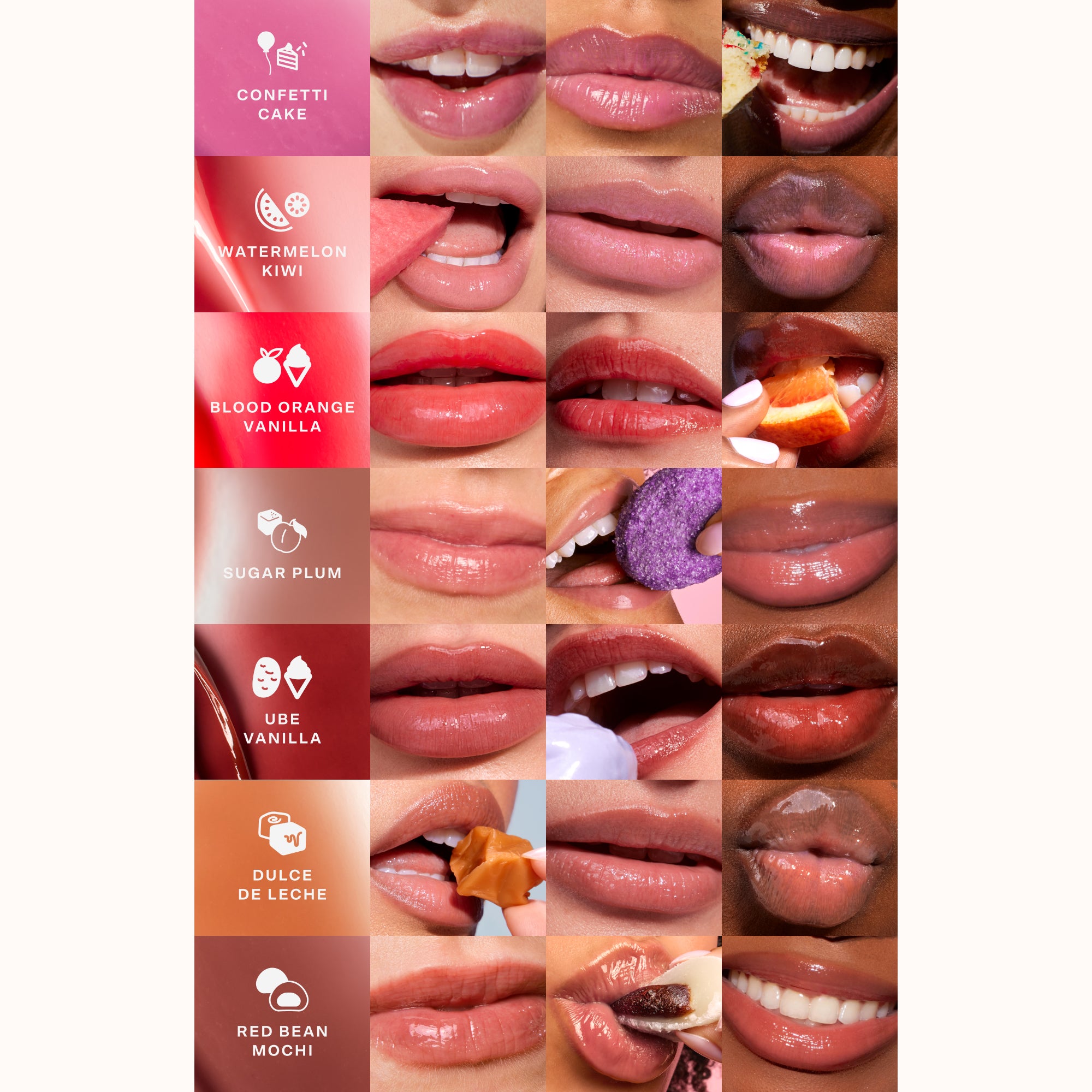 [Shared: Tinted shades of the Tower 28 Beauty Deluxe LipSoftie® Gift Set applied on three different skin tones]