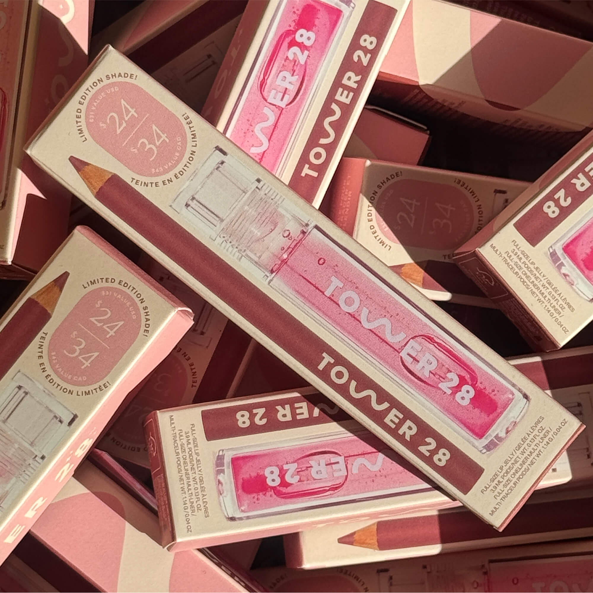[Shared: this image shows multiple boxes of Tower 28 Limited Edition Line + Shine Lip Kit.]