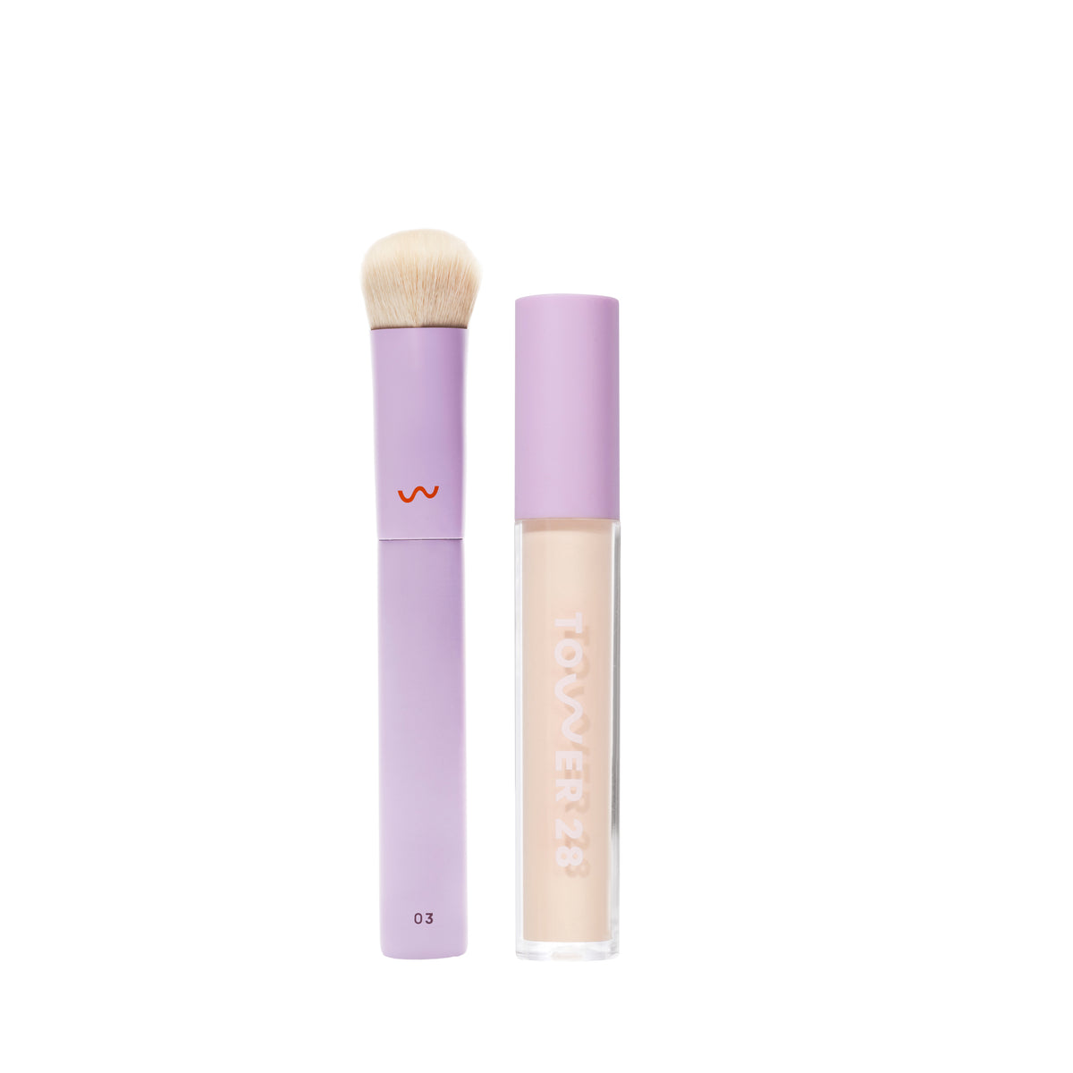 [shared] Tower 28 makeup set featuring a lavender lip gloss tube with a cream-colored formula visible inside and a matching lavender makeup brush with cream bristles, shown on a solid white background.