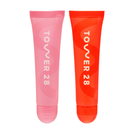 [Shared: Tower 28 Beauty  LipSoftie™ Date Night Duo pictured in Watermelon Kiwi and SOS Clear]