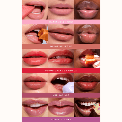 [Shared: Tinted shades of the Tower 28 Beauty LipSoftie™ Lip Treatment applied on three different skin tones]